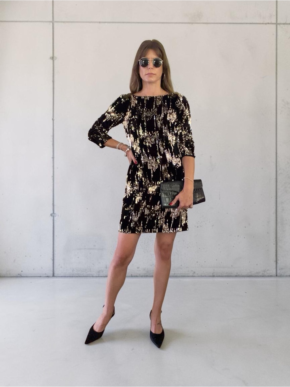 Eliza J Black and Gold Sequin Shift Dress